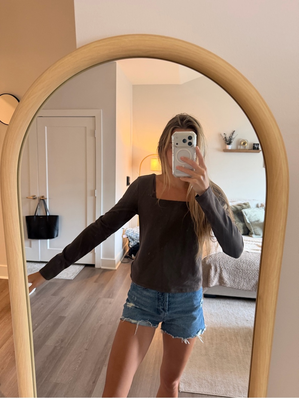 Express Long Sleeve Square Neck Top - Dark Gray